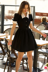 Contrast Color Turndown Collar Button A-Line Mini Dresses-Black